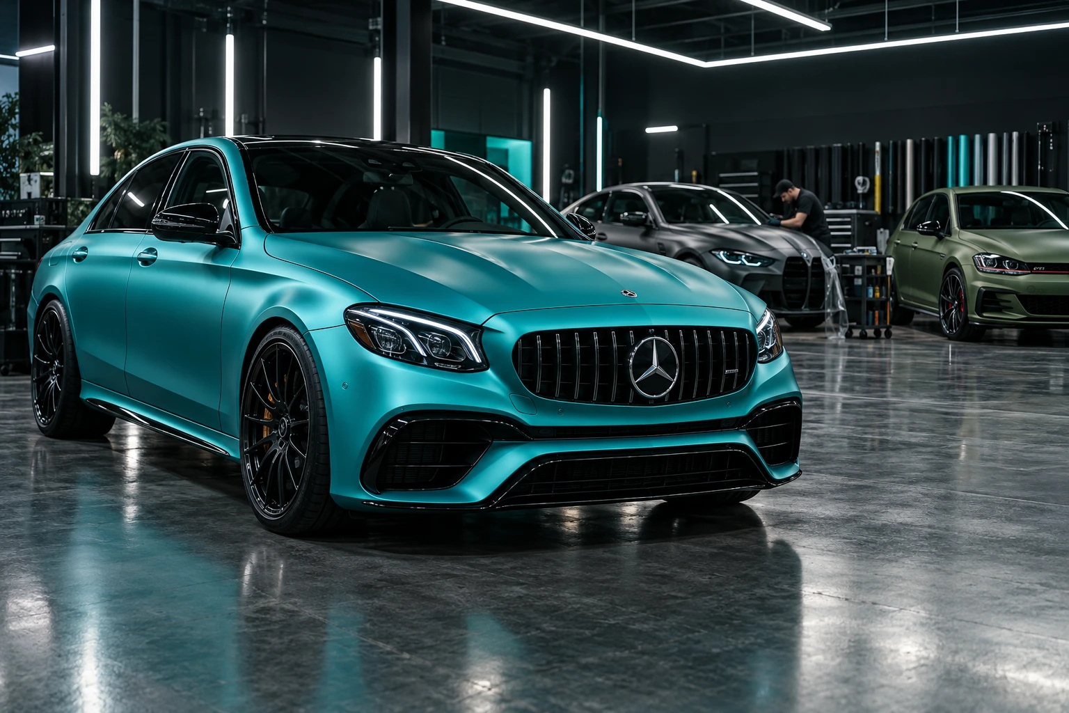 Illustration: türkis folierter Mercedes-Benz, BMW und Volkswagen in einem Folierungsstudio